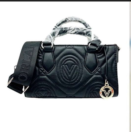 Valentino Orlandi black quilted vegan leather mini tote bag with a crossbody strap.