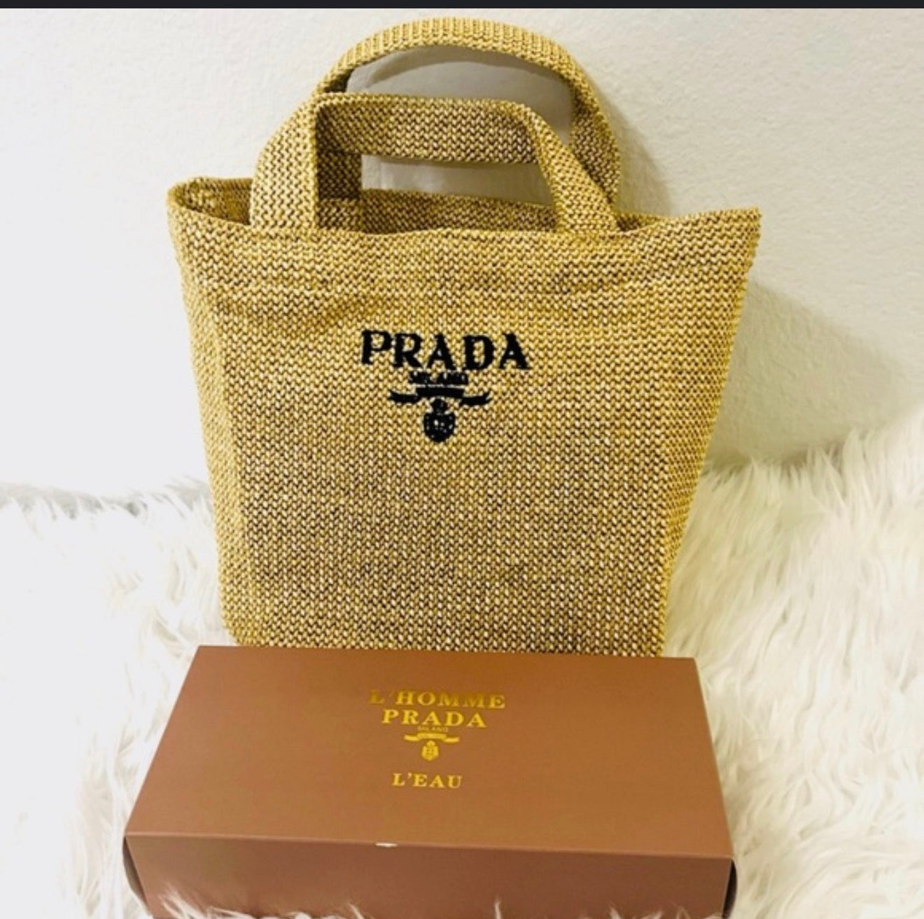 Prada tan woven bag small