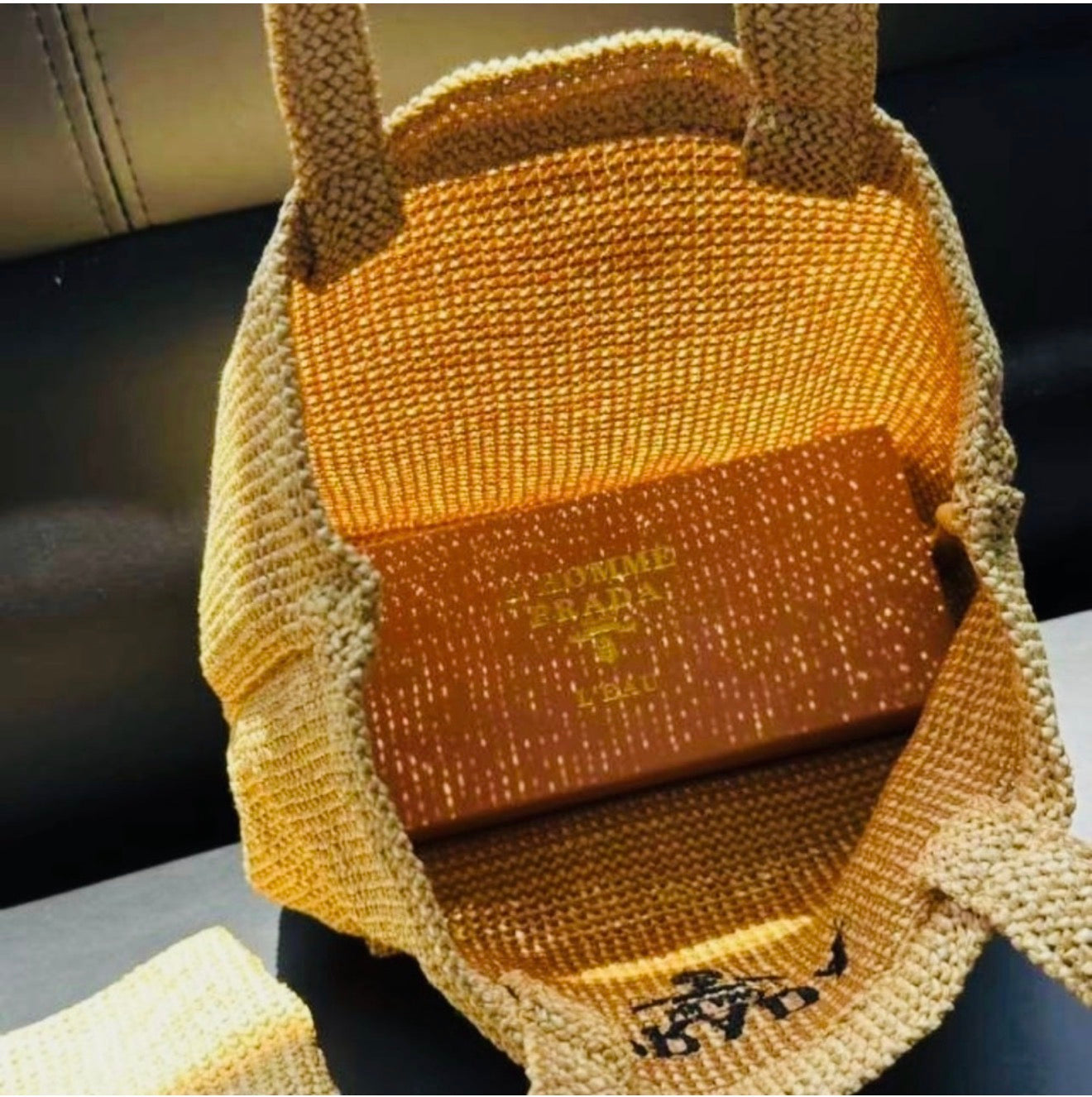 Prada tan woven bag small